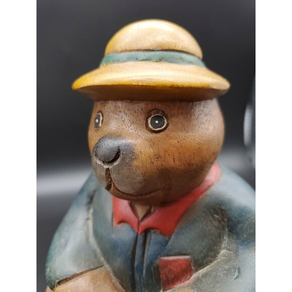 Honey Bear Beehive Dressed Sitting on Log Carved WOOD 8" Very NICE!!! Adorable! - Picture 12 of 12